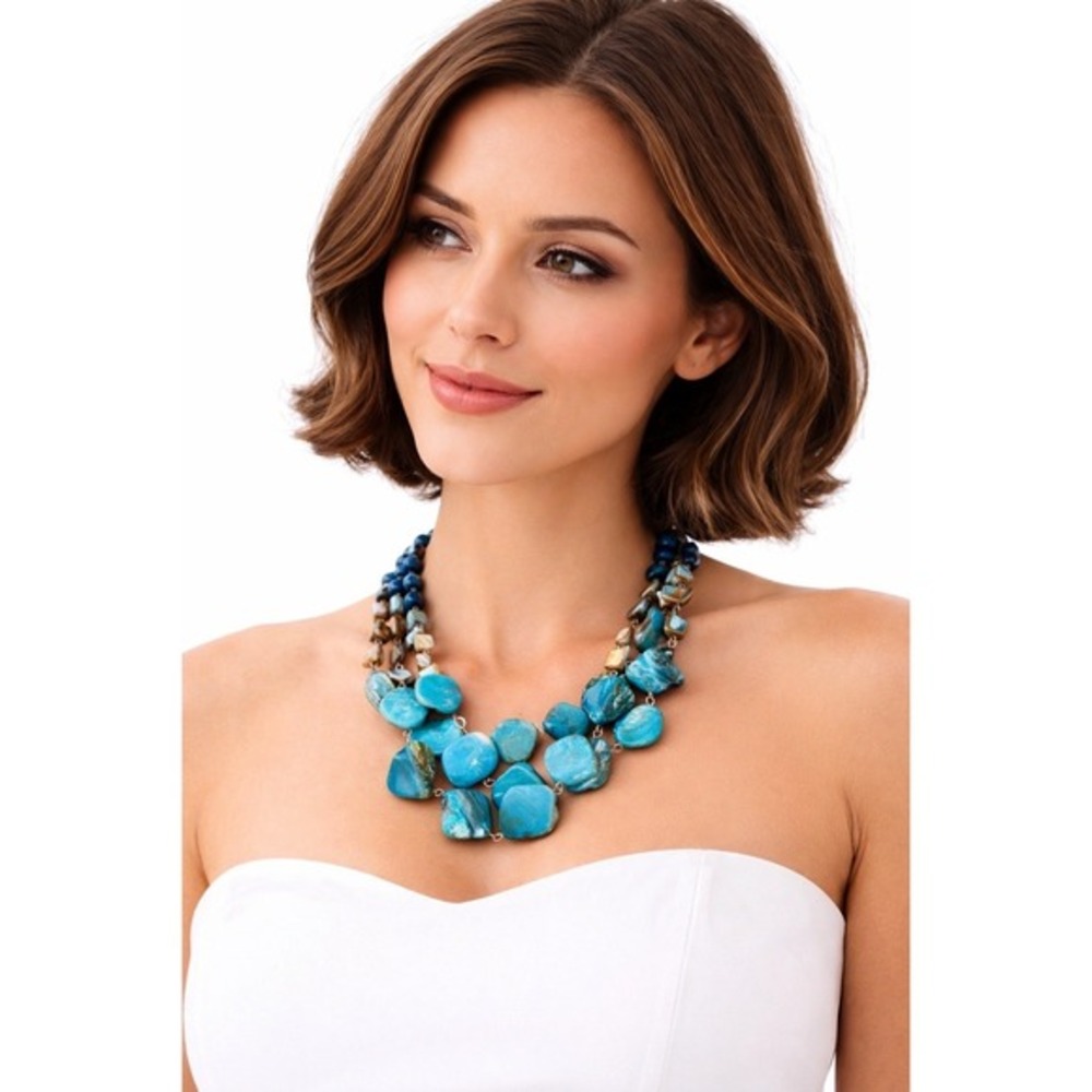New York & Co Blue Beaded Shell Multi Strand Statement Necklace Silver Tone J-01